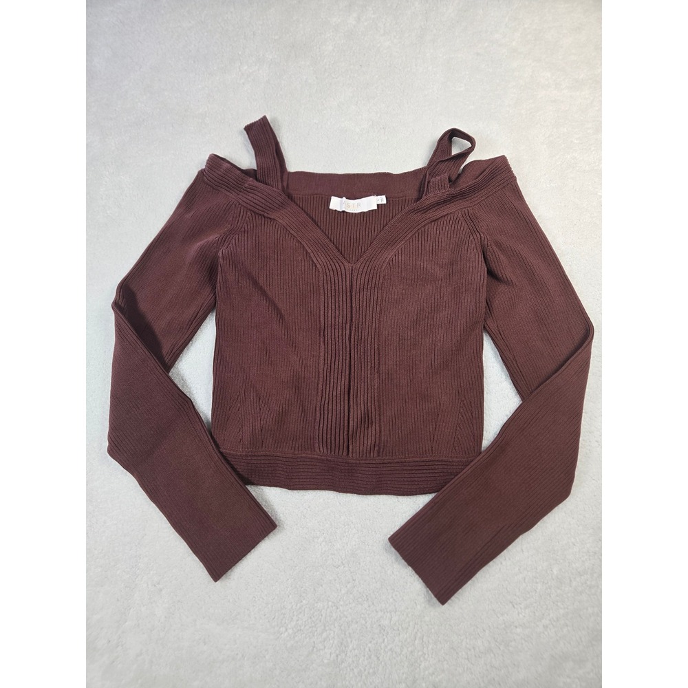 ASTR The Label Mulberry Cold Shoulder Ribbed Knit Crop Sweater Brown Long Slv L